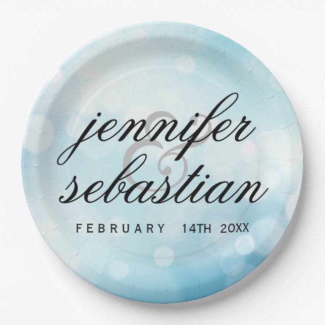 Glamour Blue Bokeh Light Monogramm Hochzeit Pappteller (Vorderseite)