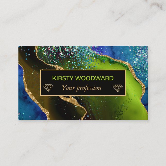 Glamour Blue & Green Imitate Gold Glitzer Agate  Visitenkarte (Vorderseite)