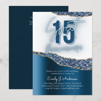 Glamour Blue Silver Foil Glitzer Quinceanera 15. Einladung