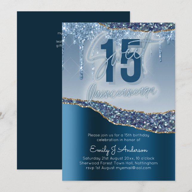 Glamour Blue Silver Foil Glitzer Quinceanera 15. Einladung (Vorne/Hinten)