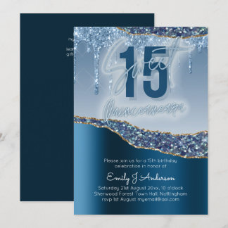 Glamour Blue Silver Foil Glitzer Quinceanera 15. Einladung