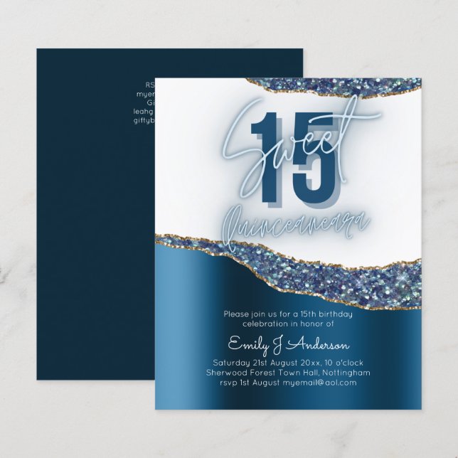 Glamour Blue Silver Foil Glitzer Quinceanera 15. P (Vorne/Hinten)