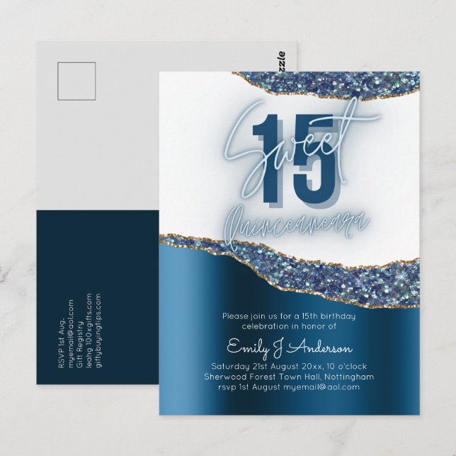 Glamour Blue Silver Foil Glitzer Quinceanera 15. Postkarte (Vorne/Hinten)