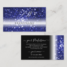 Glamour Blue Sparkling Glitzer Stars Monogram Visitenkarte