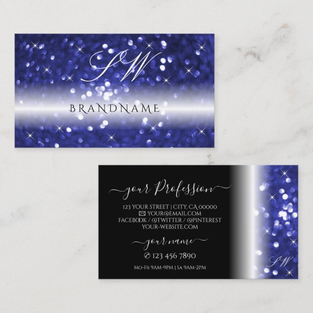 Glamour Blue Sparkling Glitzer Stars Monogram Visitenkarte (Vorne/Hinten)
