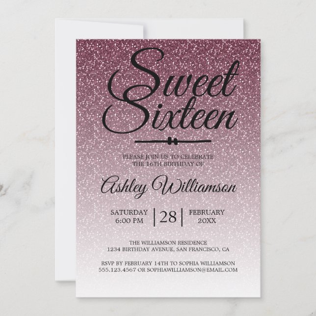Glamour Burgundy Glitzer Ombre Sweet 16 Birthday Einladung (Vorderseite)