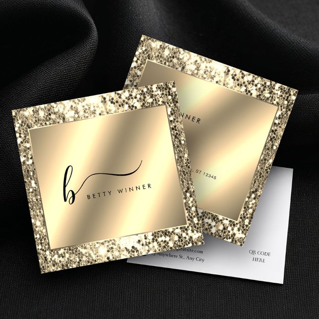 Glamour Champagne Gold Glitzer Script Monogram Quadratische Visitenkarte (Von Creator hochgeladen)