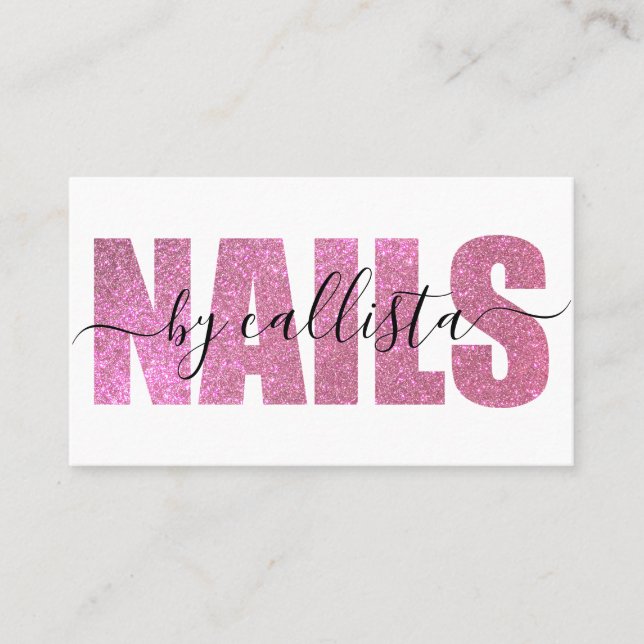 Glamour Chic Pink Glitzer Typografy Nail Artist Visitenkarte (Vorderseite)