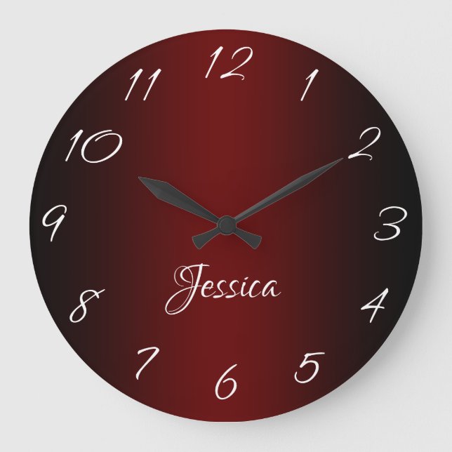 Glamour Dark Red und Black Ombre Personalisiert Große Wanduhr (Vorderseite)