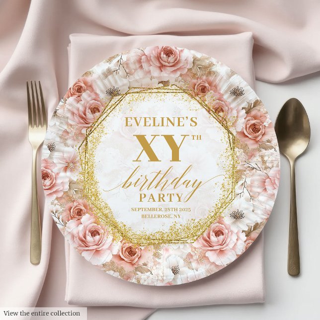 Glamour Dusty Pink Blumengeburt Papier Teller (Glamorous Dusty Pink Floral Birthday Paper Plates

)