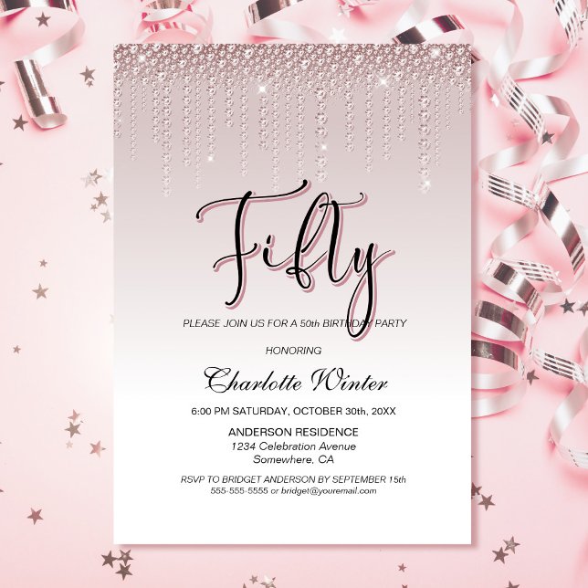 Glamour Dusty Rose Pink Diamonds 50. Geburtstag Einladung (Von Creator hochgeladen)
