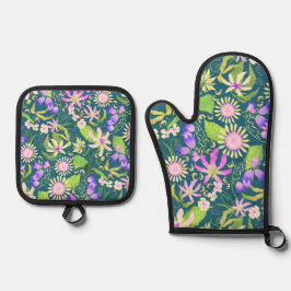 Glamour Floral Turquoise Ofenhandschuh & Topflappen-Set