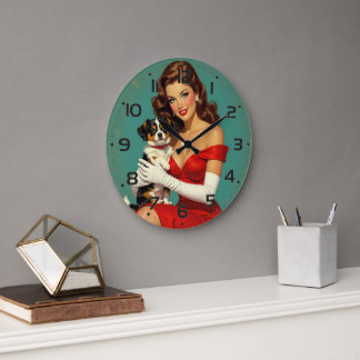 Glamour Girl mit Dog Digital Art Große Wanduhr