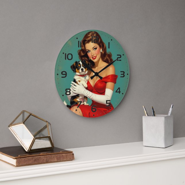 Glamour Girl mit Dog Digital Art Große Wanduhr (Büro)