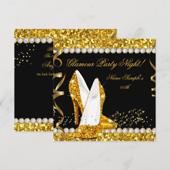 Glamour Glam Glitz Party Night Gold High Heels Einladung (Vorne/Hinten)