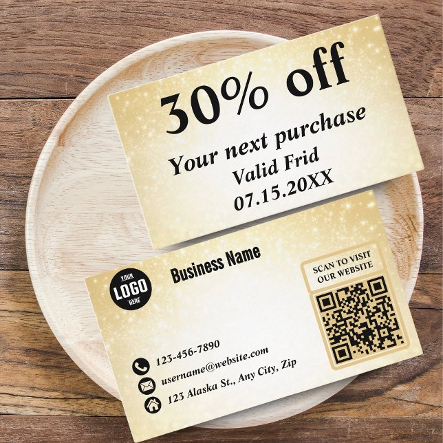 Glamour Glitzer Gold QR Code Treueabatt Rabattkarte (Glamorous Glitter Gold QR Code Loyalty Discount Cards for Beauty Businesses)