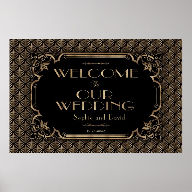 Glamour Gold Black Wedding Willkommenszeichen Poster (Vorne)