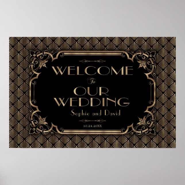 Glamour Gold Black Wedding Willkommenszeichen Poster (Vorne)