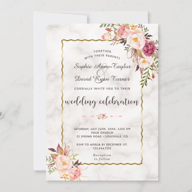 Glamour Gold Blush Pink Blumenmarmor Hochzeit Einladung (Vorderseite)