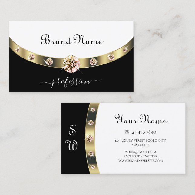 Glamour Gold Border Black and White Monogram Visitenkarte (Vorne/Hinten)
