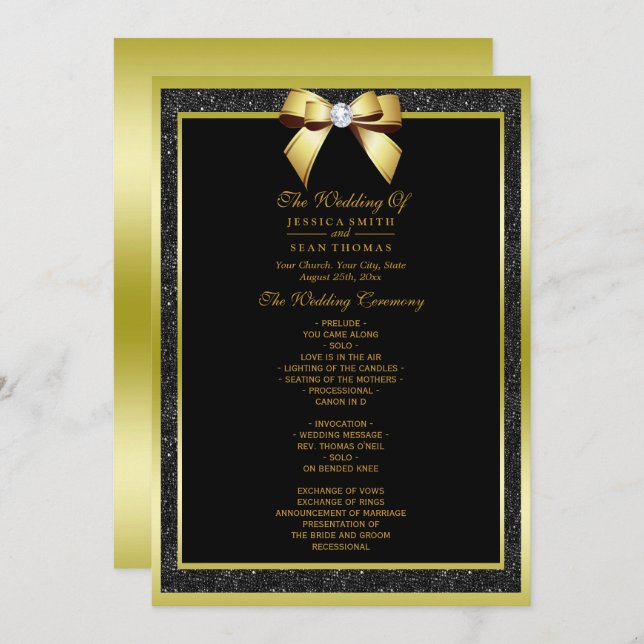 Glamour Gold Bow & Black Glitzer Wedding Program Einladung (Vorne/Hinten)