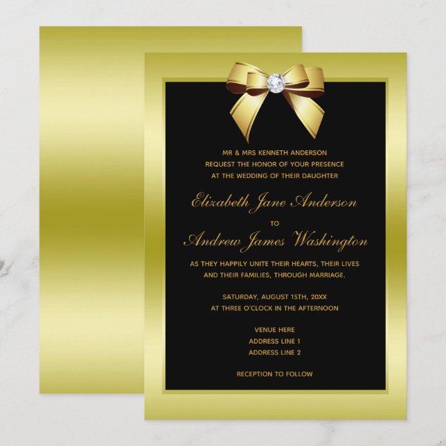 Glamour Gold Bow & Black Wedding Einladung (Vorne/Hinten)
