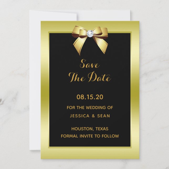 Glamour Gold Bow & Black Wedding Save The Date (Vorderseite)
