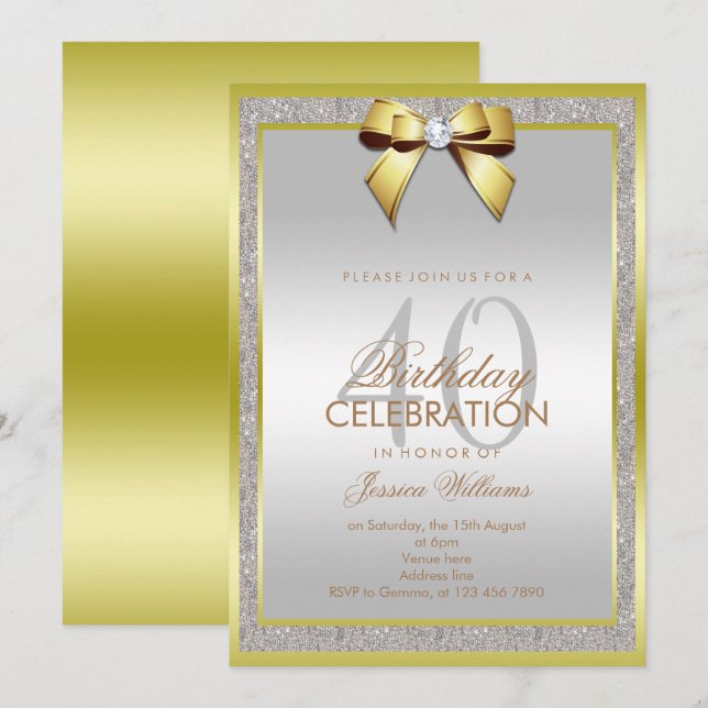 Glamour Gold Bow & Silver Glitzer 40. Geburtstag Einladung (Vorne/Hinten)