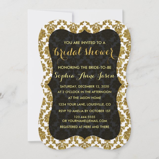 Glamour Gold Damask Bridal Dusche Einladung (Vorderseite)