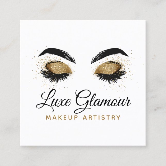 Glamour Gold Eye Lashes Makeup Artist Beauty Bar Quadratische Visitenkarte (Vorderseite)