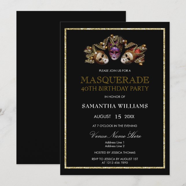 Glamour Gold Glitzer Masquerade 40. Geburtstag Einladung (Vorne/Hinten)