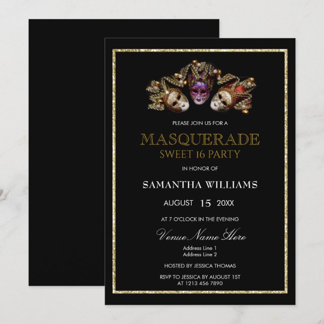 Glamour Gold Glitzer Masquerade Sweet 16 Einladung (Vorne/Hinten)