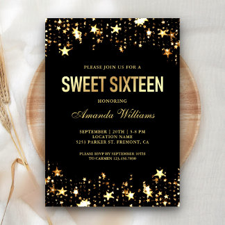 Glamour Gold Glitzer Star Confetti 16 . Geburtstag Einladung