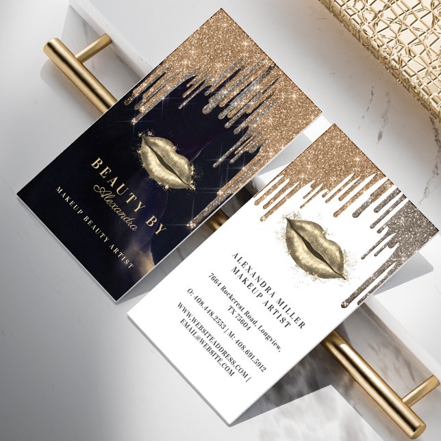 Glamour Gold Glitzer Tropfen Navy & Gold Glam Lipp Visitenkarte (Von Creator hochgeladen)