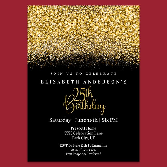 Glamour Gold Jeweled Glitter 25th Birthday Einladung (Von Creator hochgeladen)