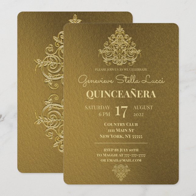 Glamour Gold Quinceñera Party Einladung (Vorne/Hinten)