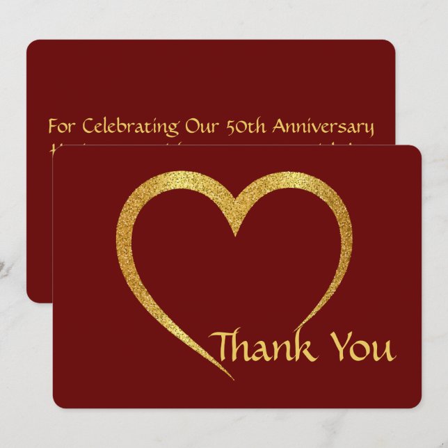 Glamour Gold & Red Heart Wedding Jahrestag Dankeskarte (Vorne/Hinten)