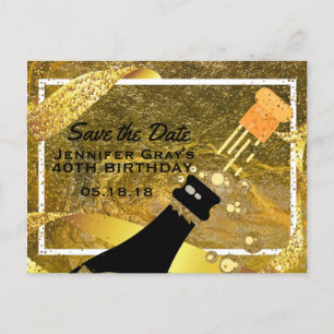 Glamour Gold Schwarz Save-the-Date Champagner Gebu Ankündigungspostkarte