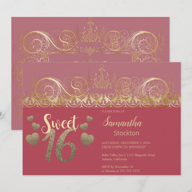 Glamour Gold Sweet 16 Invitation (Devant / Derrière)