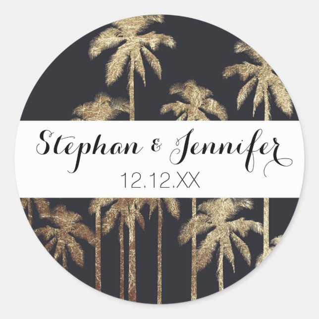 Glamour Gold Tropical Palm Trees on Black Runder Aufkleber (Vorderseite)