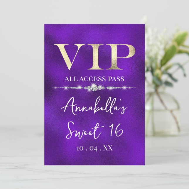 Glamour Gold VIP auf Lila Einladung (Stehend Vorderseite)