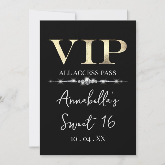 Glamour Gold VIP auf schwarz Einladung (Vorderseite)