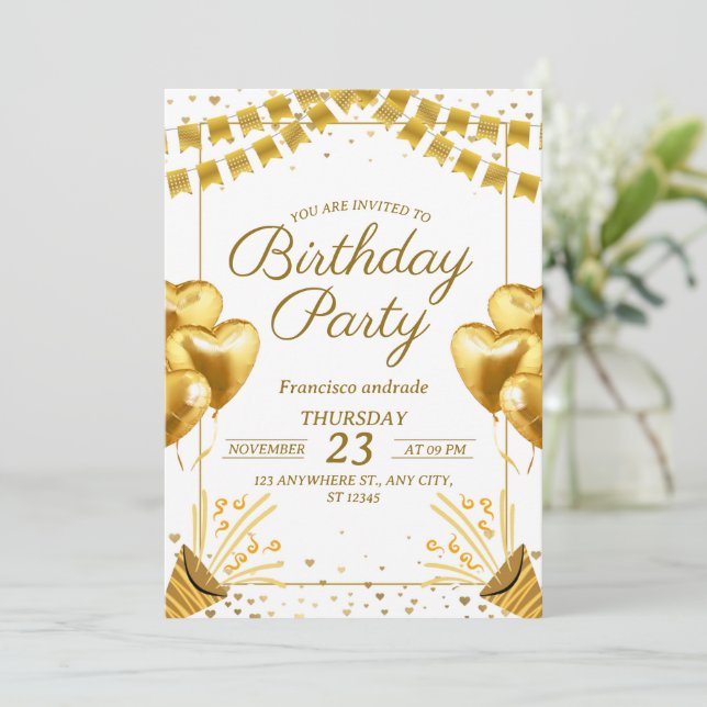 Glamour Golden Birthday Celebration Einladung (Stehend Vorderseite)