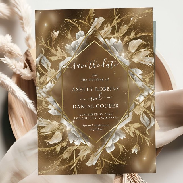 Glamour Golden Themed Floral Save the Date Einladung (Von Creator hochgeladen)