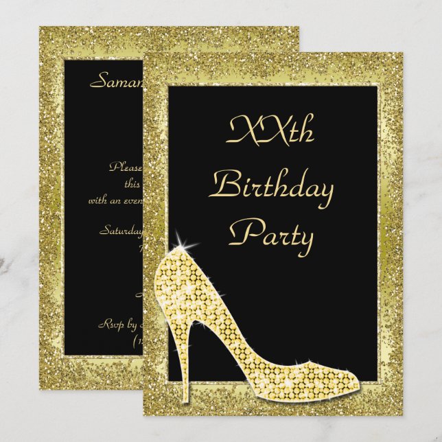 Glamour Golds & Diamond Shoe Geburtstag Einladung (Vorne/Hinten)