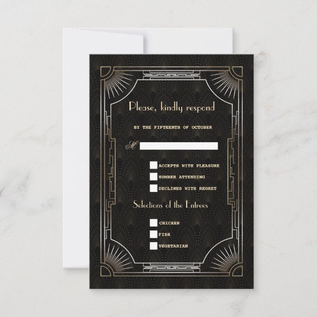 Glamour Great Gatsby Gold Art Deco Hochzeit RSVP Karte (Vorderseite)