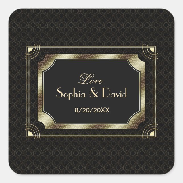 Glamour Great Gatsby Gold Black Art Deco Hochzeit Quadratischer Aufkleber (Vorderseite)