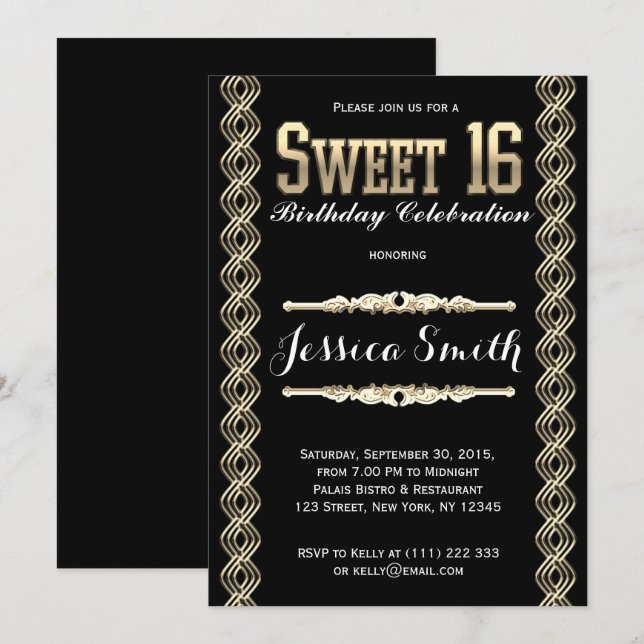 Glamour Great Gratsby Sweet 16 Einladung (Vorne/Hinten)