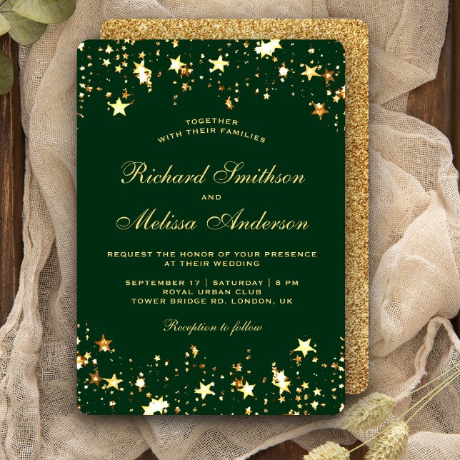Glamour Green Gold Imitats Glitzer Stars Hochzeit Einladung (Von Creator hochgeladen)
