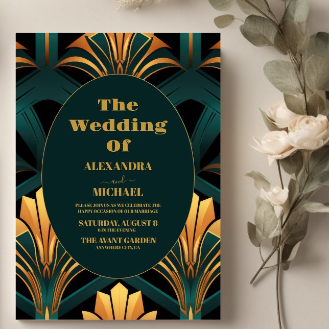 Glamour Green und Gold Art Deco Hochzeit Einladung (Von Creator hochgeladen)